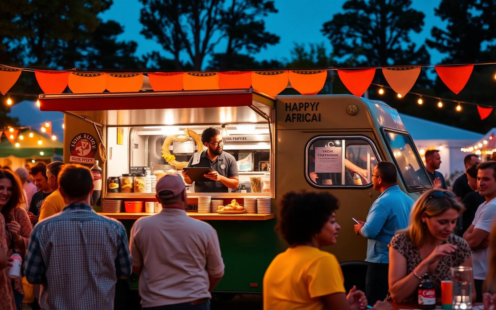 AfriBites foodtruck på ett utomhusevent i skymningen